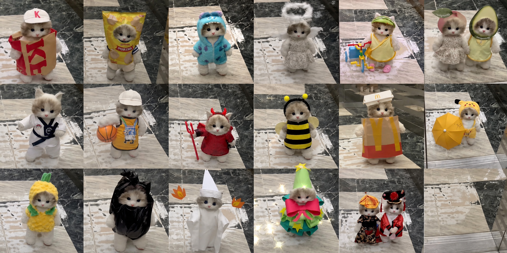 Miu the king kitten in many costumes — collage